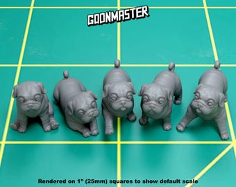 May include: Five grey pug dog figurines, each standing on a green and yellow gridded surface. The figurines are approximately 1 inch (25mm) tall. The text "GOONMASTER" is visible at the top of the image.