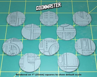 May include: Ten 1-inch (25mm) round, gray, plastic, textured gaming bases with a sci-fi industrial design.  The bases are rendered on a green grid background.  GOONMASTER is printed in white at the top of the image.