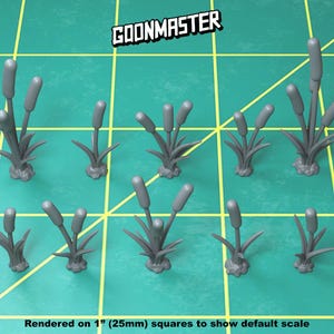 May include: A set of ten gray plastic miniature cattail plants, each with multiple stalks and leaves, rendered on 1 inch (25mm) squares to show default scale.
