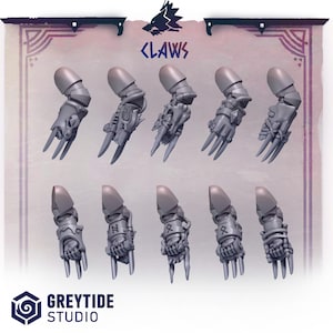 May include: A collection of ten gray plastic claws, each with a segmented arm and sharp, curved blades. The word "CLAWS" is printed above the claws. The Greytide Studio logo is at the bottom.