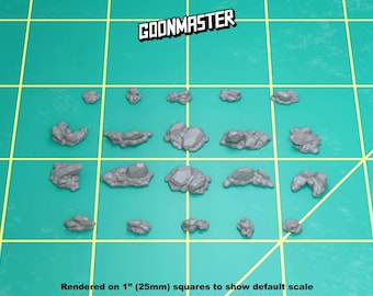 May include: A collection of nineteen unpainted grey miniature rock formations arranged in a grid. The text GOONMASTER appears at the top, and the text Rendered on 1" (25mm) squares to show default scale appears at the bottom of the image.
