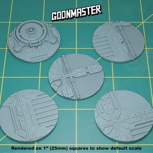 May include: Five different gray and silver textured round plastic gaming bases, each with a unique design. The bases are 1 inch (25mm) in diameter and are rendered on 1 inch squares to show the default scale.