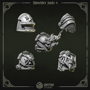 May include: A collection of five gray shoulder pads with various designs. One features a cross, another chainmail, and a third a skull with flames. The text "Shoulder pads 4" is at the top.