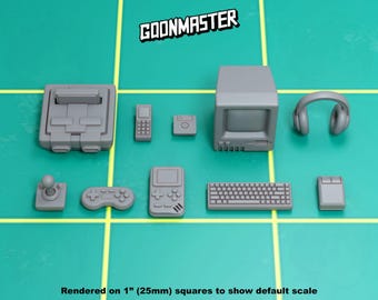 May include: A set of 10 gray plastic miniature retro gaming devices, including a game console, a joystick, a handheld game, a keyboard, a mouse, a headset, a phone, and a calculator. The devices are arranged on a green grid background. The text "GOONMASTER" is at the top of the image.