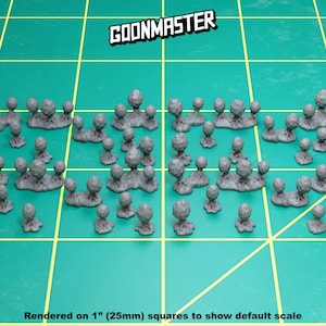 May include: A collection of 50 grey, 3D printed, miniature mushroom models, rendered on 1-inch squares to show the default scale.  The mushrooms are various sizes and shapes, with some having a more rounded cap and others having a more pointed cap.
