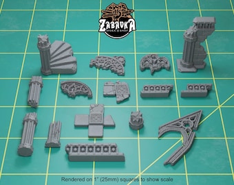 May include: A collection of gray miniature architectural elements, including columns, arches, and staircases, arranged on a green grid. The pieces are rendered on 1-inch (25mm) squares to show scale. The Zabavka Work Bshop logo is in the top center.