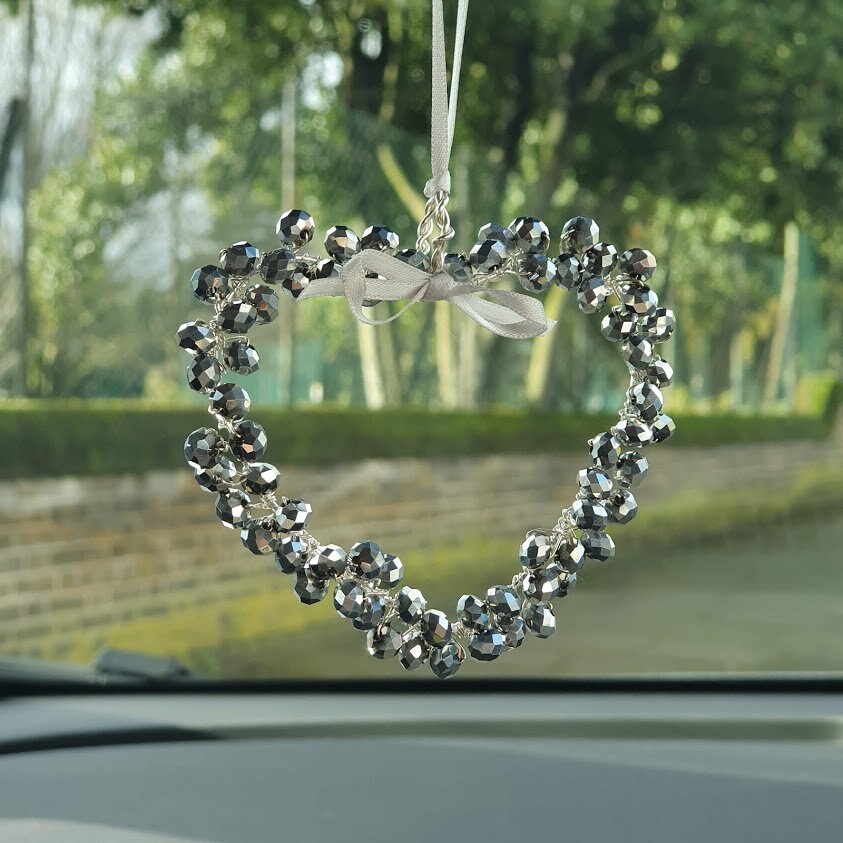 Hanging Heart Decoration Glass Silver Metallic Crystals Light Etsy UK