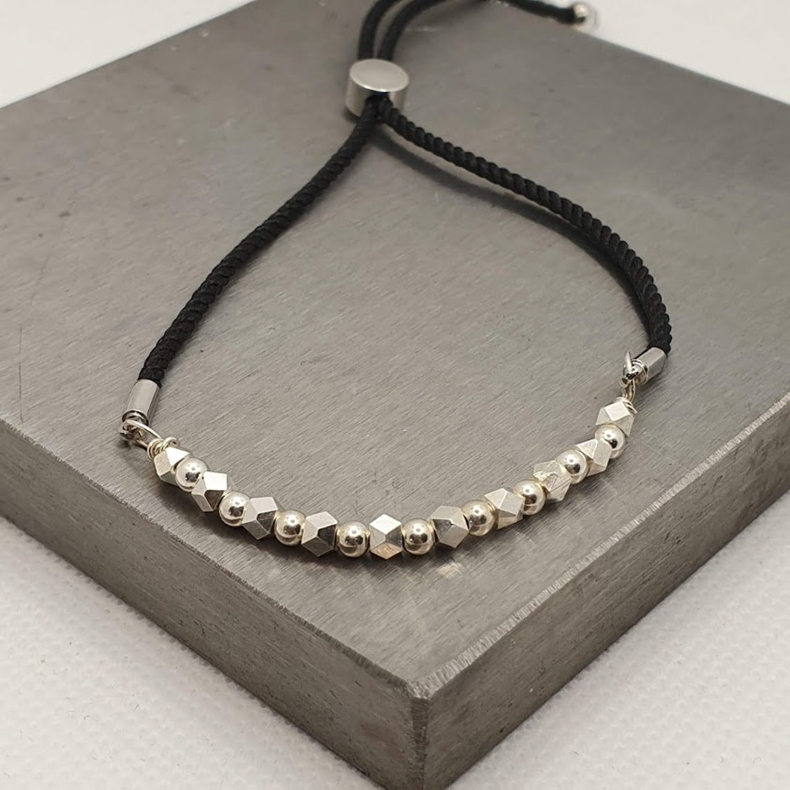 Silver beaded Cord Slider Bracelet Etsy