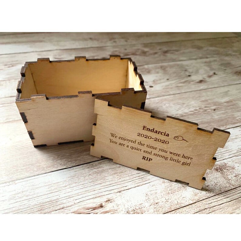 K&ouml;nnte beinhalten: Eine Holzkiste mit abnehmbarem Deckel. Die Kiste und der Deckel sind aus hellem Holz gefertigt. Auf dem Deckel steht "Endarcia 2020-2020" und eine Gedenknachricht. Die Kiste ist offen und zeigt ihr Inneres.