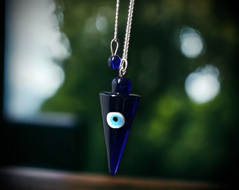 Evil Eye 9" Cobalt Glass Talisman Pendulum Curiosity, Oddity, Spells, Unique Gift Idea, Witchcraft, Rituals, Spirit Boards