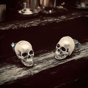 Sterling Silver Gothic Skull Stud Earrings Post Halloween Gift Ideas Rock Style Oddity Edgy Alternative Emo Dress Up Costume