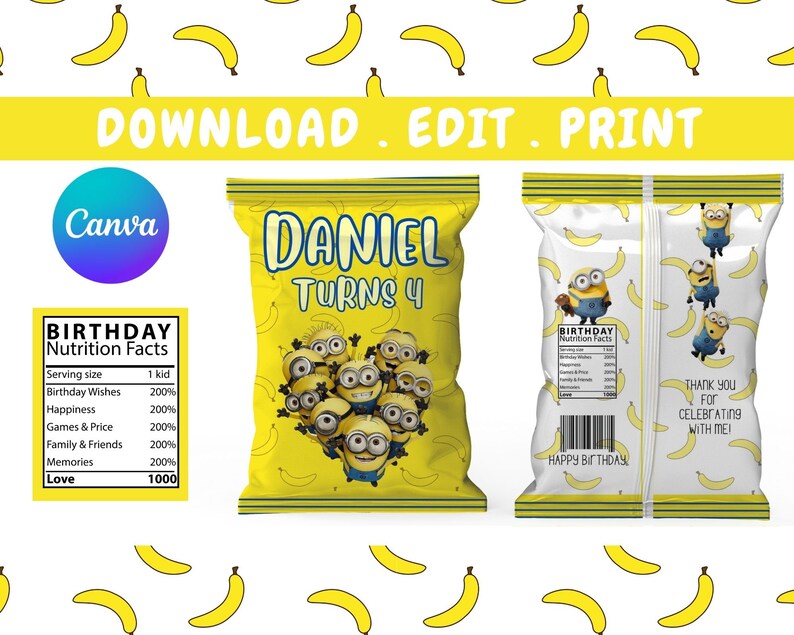 Minions Chip Bag Label, Minions Chip Bag, Minions Birthday, Editable ...