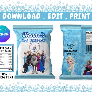 FROZEN chip bag template, Frozen Chip bags, Labels for Birthday Party - Printable DIGITAL DOWNLOAD - Chip Bag - Frozen Birthday canva