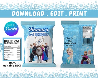 FROZEN chip bag template, Frozen Chip bags, Labels for Birthday Party - Printable DIGITAL DOWNLOAD - Chip Bag - Frozen Birthday canva