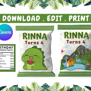 Dinosaurs dino cute chipsbag, template canva editable printable , party birthday dino