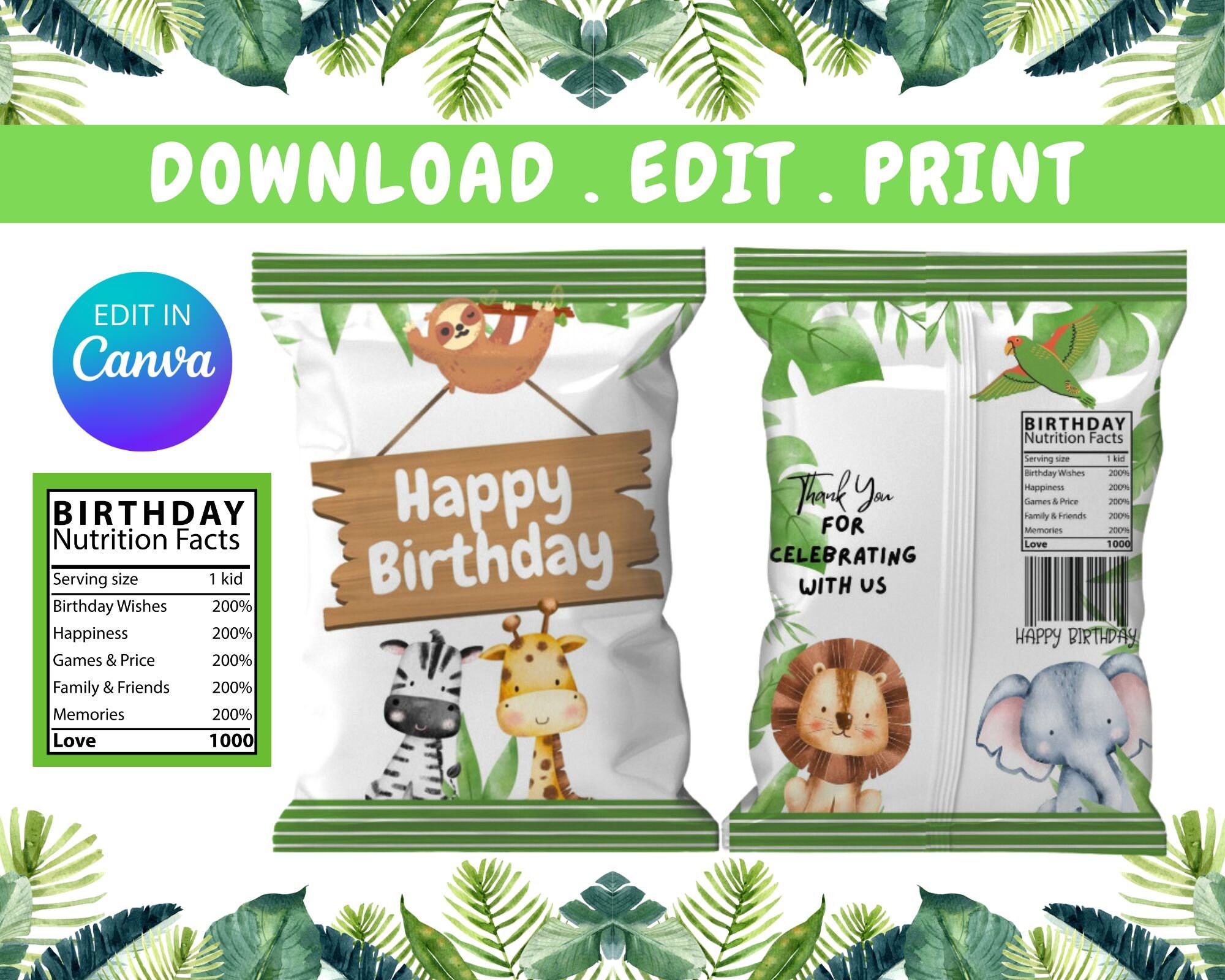 EDITABLE PRINTABLE DOWNLOAD in Canva Birthday Chipsbag Jungle Safari ...