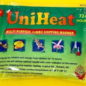 May include: A green and yellow UniHeat multi-purpose jumbo shipping warmer. The package features the text "UniHeat" in orange and yellow, with "72+ HOURS" in white. It includes illustrations of insects, fish, a lizard, a flower, and lab equipment.
