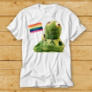 Può includere: T-shirt bianco con un personaggio di rana verde che tiene una bandiera arcobaleno. La rana ha grandi occhi e un colletto. La bandiera ha strisce orizzontali di vari colori. La maglietta è in materiale morbido.