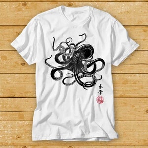 Octopus Japanese Calligraphy T Shirt Gyotaku Traditional Art Japan Anime Manga Black White Yoga Martial Arts Samurai Unisex Top Tee 2223