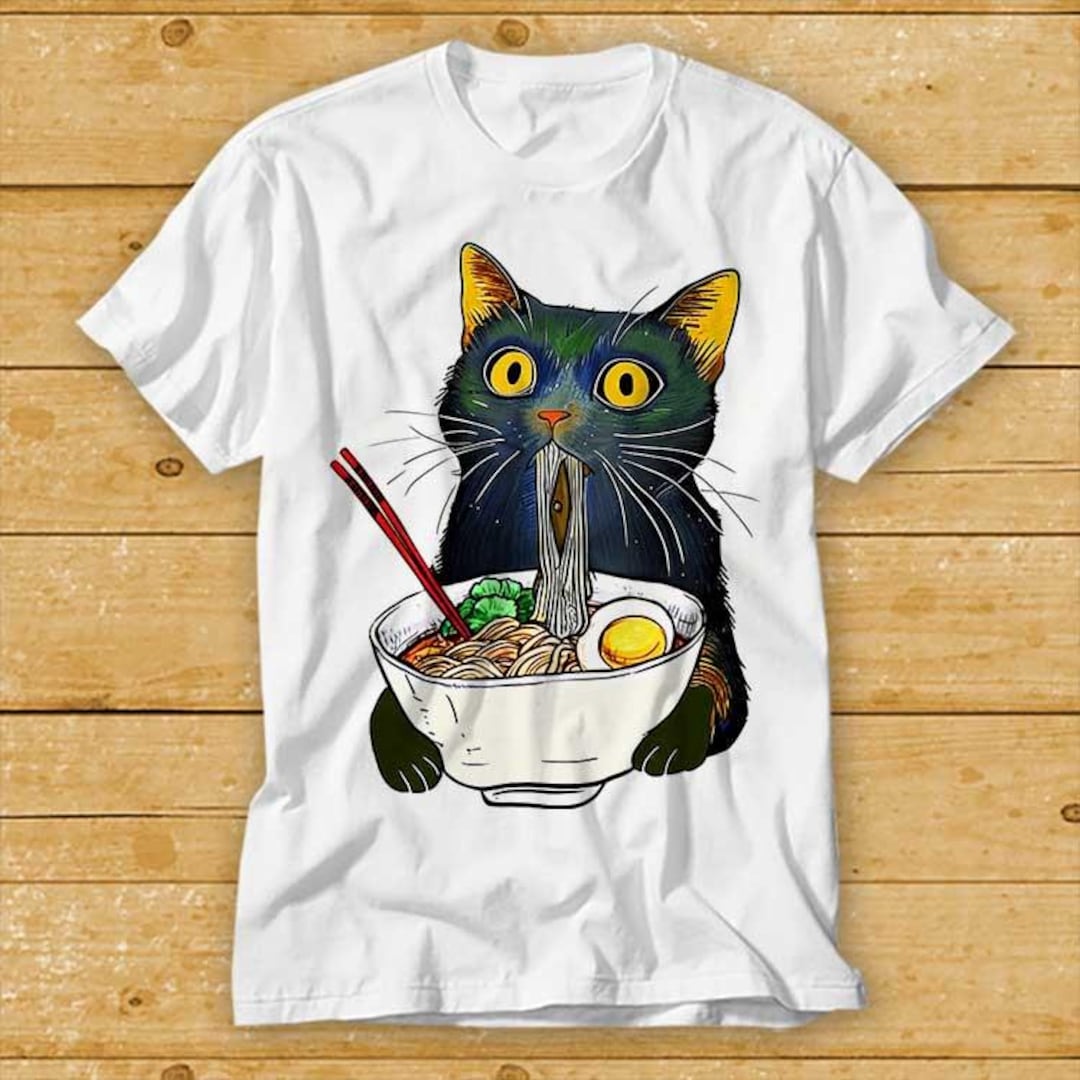 Maglietta Ramen Noodle Black Cat – Divertente Meme Per Foodie Lover, Cotone Morbido (Bianca)