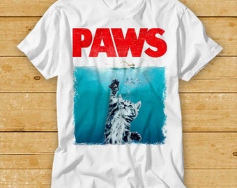 Paws Jaws Cat Fun T-Shirt Funshirt Funny Kitten Kitty Katze Weiße Hai Top Tee 2081