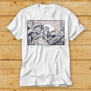 Die große Welle vor Kanagawa, der Gitarre spielt Frosch-Stern-Mond-Kunst-T-Shirt Musik-lustiger Film cooles Meme Geschenk-Spitzen-T-Stück 2344