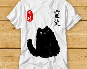Japanese Poster Black Cat Art Print Cat Lovers T Shirt Cult Movie Best Seller Music Top Tee 2405