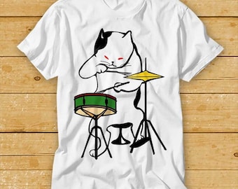 Cat Playing Drums T-Shirt Red Eyes Vicious Kitten Music Funny Cool Gift Limited Edition Top Tee 2188