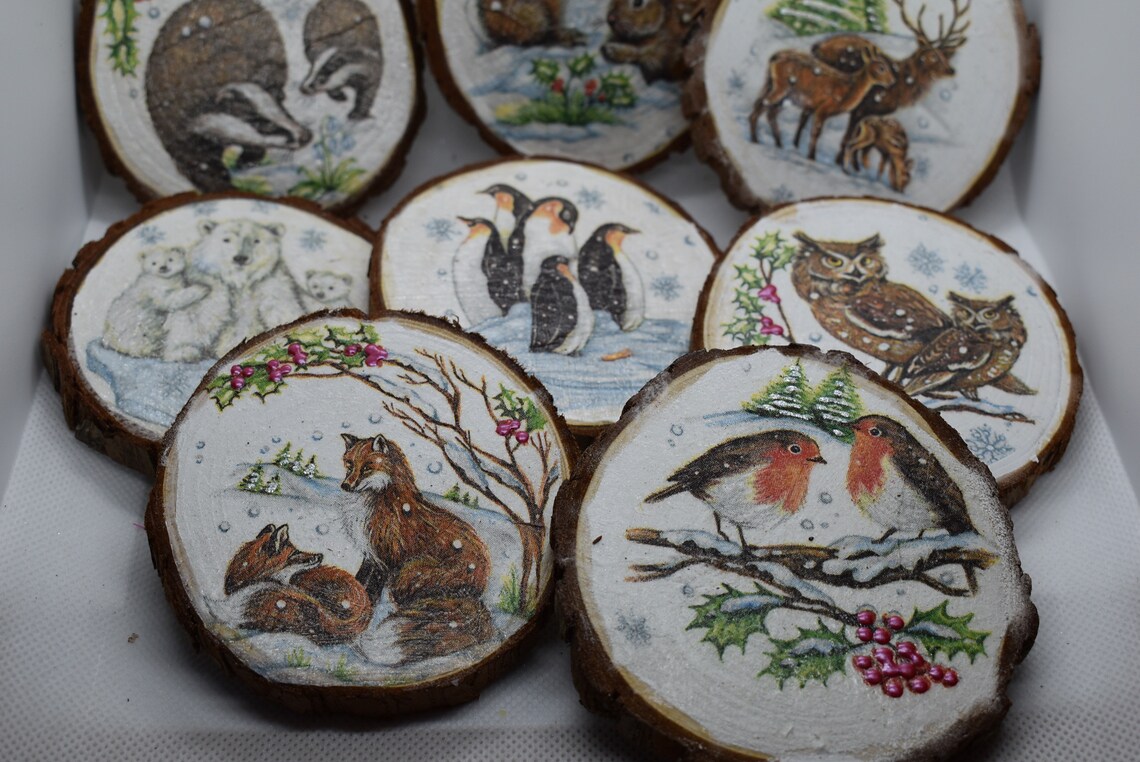 Decorative wood slice ornament decoupaged Christmas Etsy