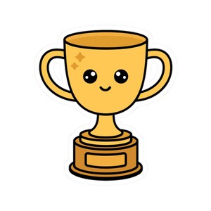 May include: A gold trophy sticker featuring a cartoon face with large black eyes and a small smile. The trophy has two side handles, a wide bowl, and a cylindrical base with a blank rectangular plaque. The design is outlined in thick black lines.