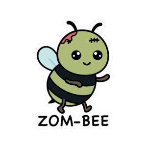 Könnte beinhalten: Ein Aufkleber mit einer Cartoon-Zombie-Biene. Die Biene ist grün mit schwarz-gelben Streifen, einer genähten Wunde und dem Text "ZOM-BEE". Sie hat große schwarze Augen und einen lächelnden Mund.
