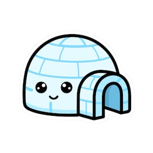 May include: A cartoon sticker of a light blue igloo with a thick black outline. The igloo features a dome shape with block patterns, a small arched entrance, and a simple face with two large black circular eyes and a small curved smile.