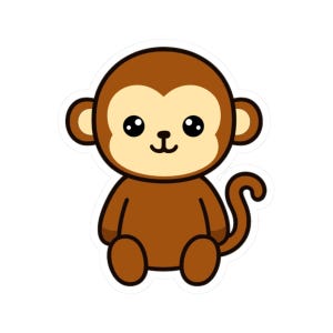 May include: A cartoon monkey sticker. The monkey is brown with a tan face and ears, black eyes, and a small smile. The monkey is sitting with its arms and legs tucked in, and its tail is curled.