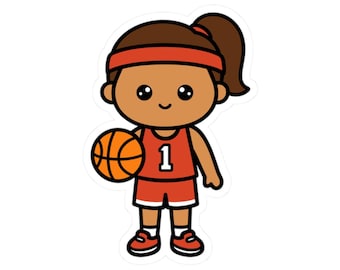 May include: A cartoon sticker of a basketball player wearing a red jersey with the number 1, red shorts, and red shoes. The player has brown skin, a red headband, and is holding an orange basketball. The background is white.