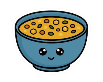 May include: A sticker of a cartoon bowl of soup with a smiling face. The soup is yellow with orange and green vegetables. The blue bowl has a black outline.