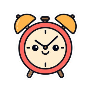 Pode incluir: Um autocolante de um despertador de desenho animado com um rosto sorridente. O relógio tem um corpo circular vermelho, um mostrador creme e duas campainhas amarelas no topo. Os ponteiros indicam 10:10.