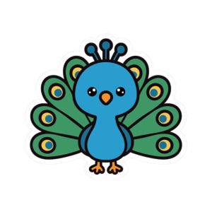 Pode incluir: Um autocolante com um pavão de desenho animado com um corpo azul, penas da cauda verdes e detalhes amarelos e azuis. O pavão tem um pequeno bico laranja e está em pé.