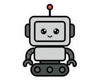Puede incluir: Una pegatina con un diseño de robot amigable. El robot es gris con una cabeza rectangular, una pantalla y una antena roja. Tiene brazos curvos y una cara sonriente. La base del robot tiene tres ruedas circulares.