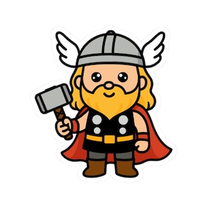 May include: A cartoon sticker of Thor, the Norse god of thunder. He has blonde hair and a beard, wears a gray helmet with wings, a black and red outfit, and brown boots. He holds a gray hammer.