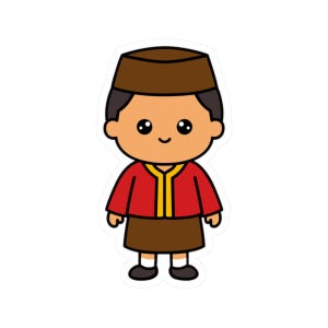 Op de afbeelding: Een sticker met een cartoonillustratie van een persoon in traditionele kleding. De figuur heeft bruin haar, een bruine pet, een rode jas met gele rand en een bruine rok. Het personage heeft een lachend gezicht en zwarte schoenen.