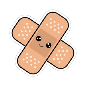 May include: A cartoon illustration of a beige band-aid with a smiling face. The band-aid has a white border and a white background with small white dots.