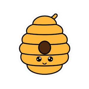 May include: A cartoon illustration of a yellow beehive with a brown entrance and black outlines. The beehive has a smiling face with black eyes and a curved mouth. The design is simple and cheerful, suitable for children's products.