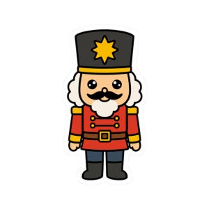 May include: A cartoon-style sticker of a nutcracker soldier. The nutcracker has a black hat with a gold star, a white beard, and a red uniform with gold accents. The sticker is a festive holiday decoration.