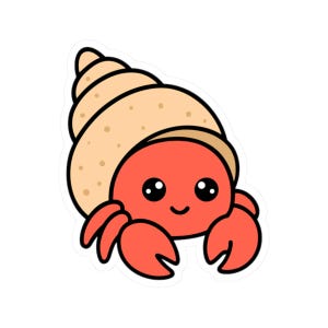 May include: A cartoon sticker of a smiling hermit crab. The crab has a bright red body and claws, with a light tan shell. The shell has small brown spots. The crab has large black eyes and a small, curved smile.