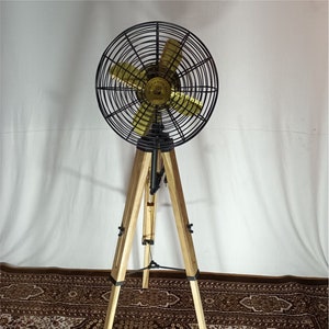 Handmade Vintage Style Pedestal Electric Fan with Wooden Adjustable Tripod