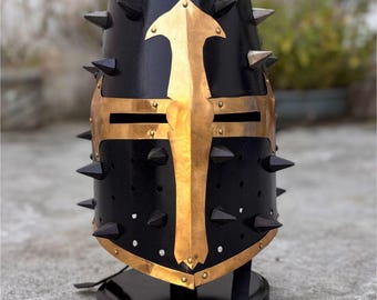 Handmade Templar Knight Helmet: Wearable Steel Armor with Brass Cross