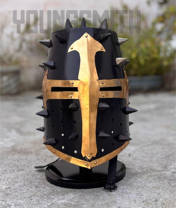 Handmade Templar Knight Helmet: Wearable Steel Armor with Brass Cross