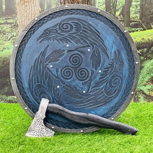 Hölzerner Wikinger Raben Schild, schaukampftaugliches Valhalla Wikinger Schild Geschenk für Männer, Wikinger Cosplay Schild, nordisches Schild Halloween Kostüm Geschenk
