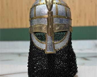 Handcrafted Pre-Viking Valsgarde 8 Helmet: Brass Trim, Chainmail - Cosplay Armour