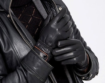 LAMB skin mens glove - black soft gloves - leather gloves for him - Winter gloves polylining THINSULATE Black sleek gloves